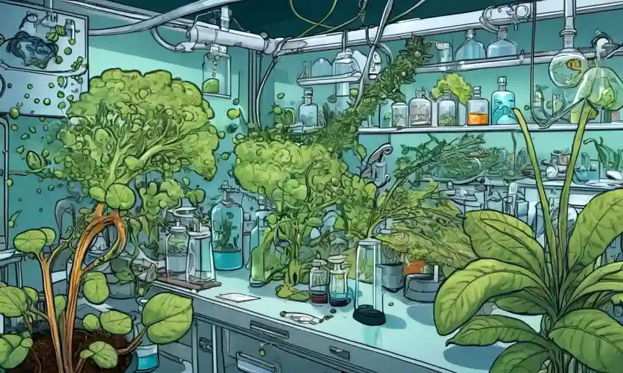 Microorganismos interactuando con plantas u otros organismos en un entorno de laboratorio.