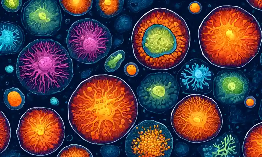 Estructuras microscópicas de células destacando la simbiosis entre microorganismos produciendo bioproductos.