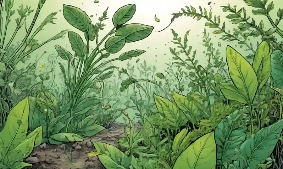 Conviven ilustraciones científicas de plantas verdes y microbios, con flechas que las conectan.