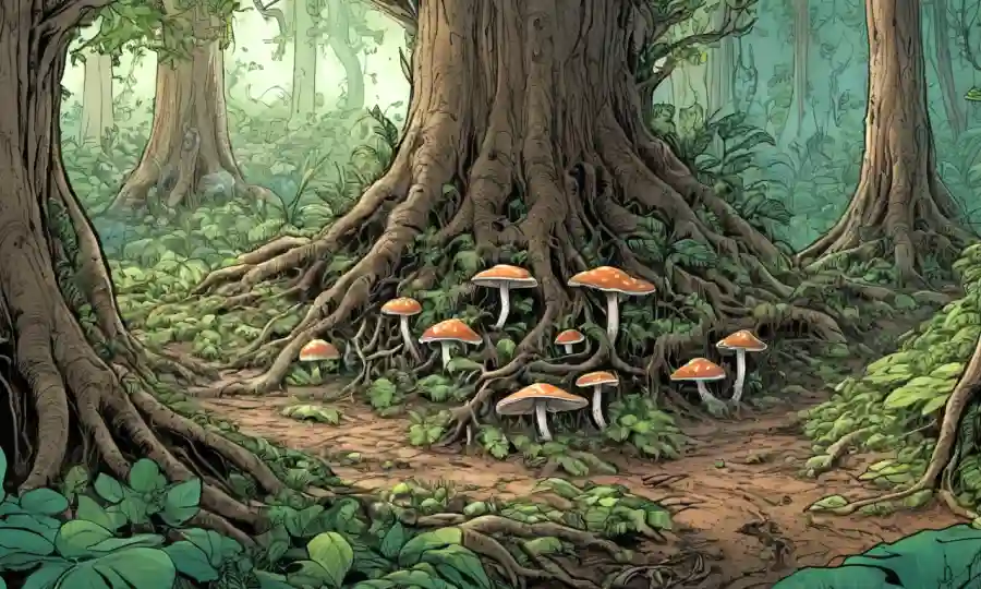 Crecimiento de hongos entre raíces de árboles en medio de vegetación exuberante