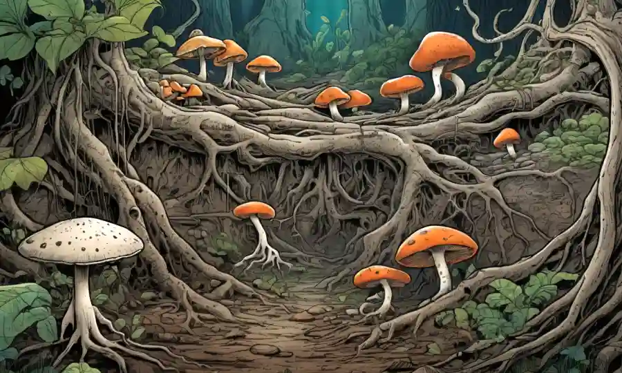 Ilustración de hongos que conectan diferentes raíces vegetales bajo tierra.