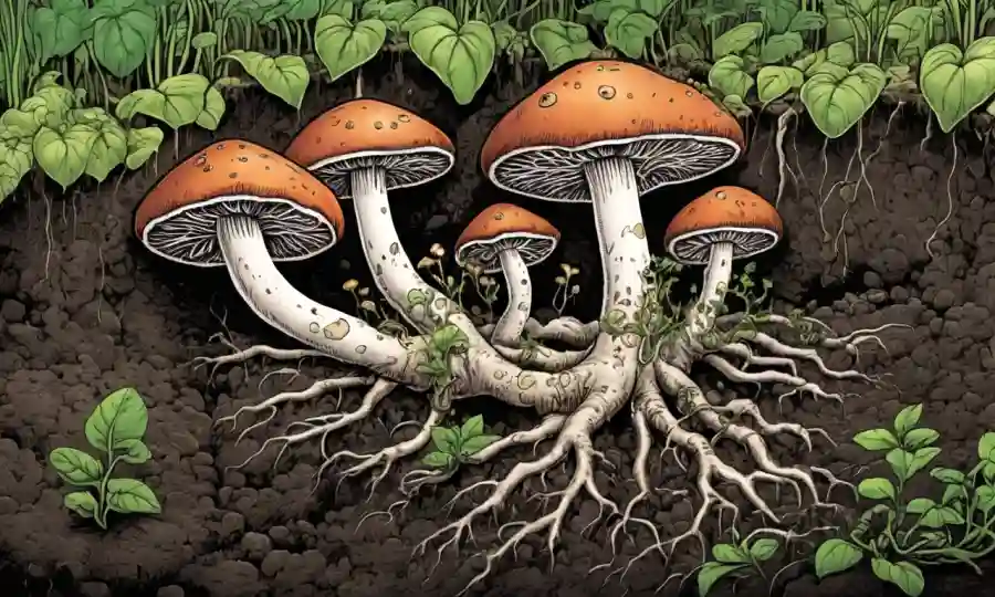Fungi creciendo en suelo, con raíces de plantas y vegetación brotando.