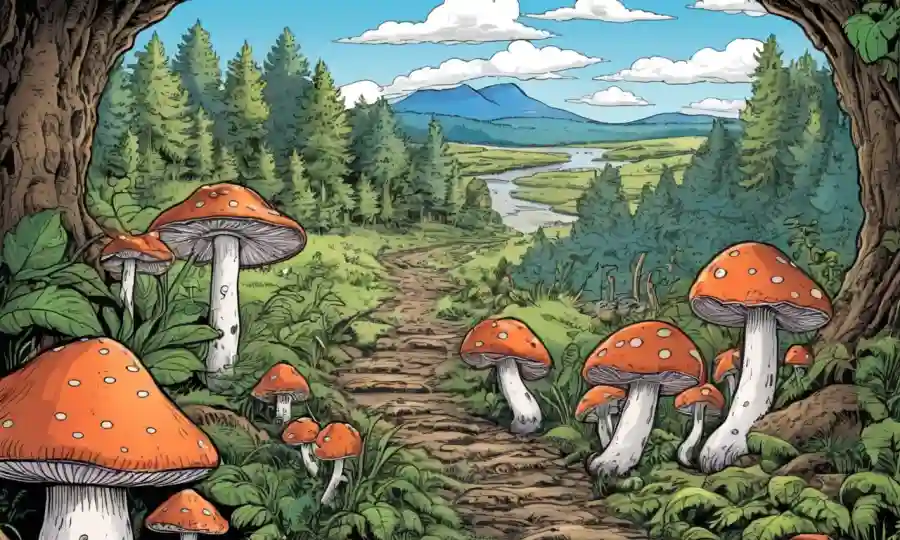 Un paisaje natural restaurado por hongos, rodeado de crecimiento fúngico.