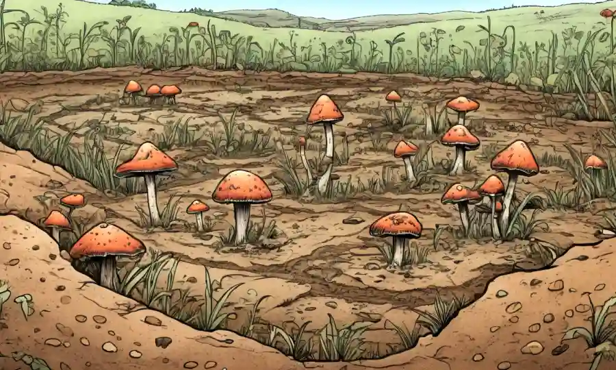 Proceso de micoremediación mostrado a través de hongos creciendo en suelo restaurado.