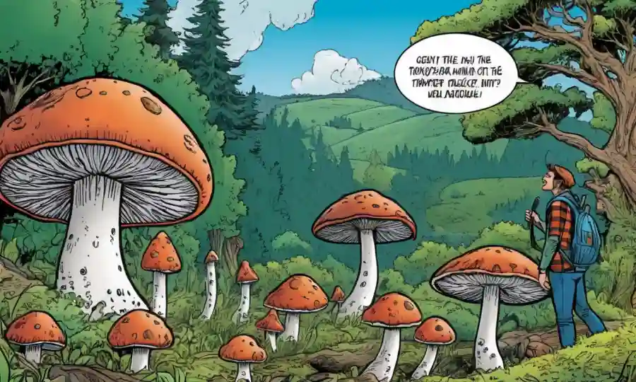 Fungi creciendo en la naturaleza con activistas ambientales en el fondo discutiendo la política.