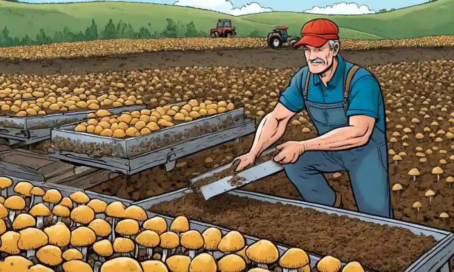 Farmer selecting substrate for hongo crop.