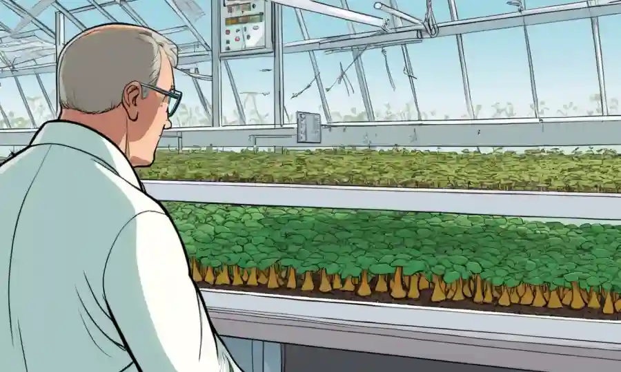 Científico monitoreando las condiciones de invernadero para el cultivo de hongos, con gráficos de crecimiento en el fondo.