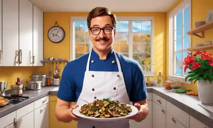 Chef soberbiamente sostiene un plato de platos de hongos salados en una cocina acogedora.