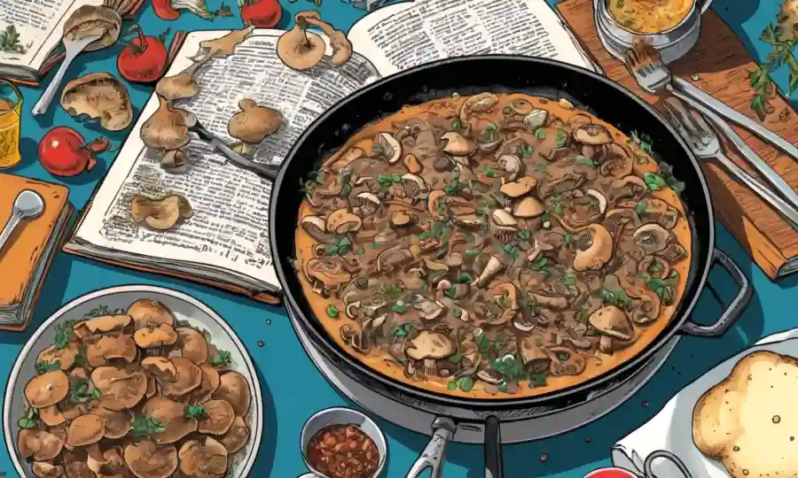Un plato de buey con hongos como ingredientes principales, rodeado de utensilios y cocineros.