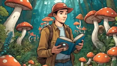 Una persona rodeada de varios hongos
