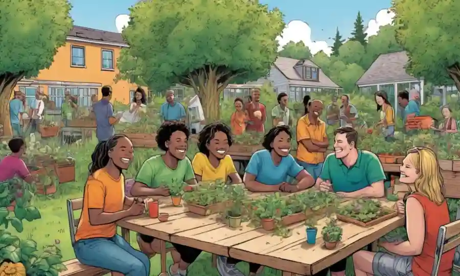 La gente se reunió alrededor de una mesa de jardín comunitario, rodeada de vegetación y caras sonrientes.