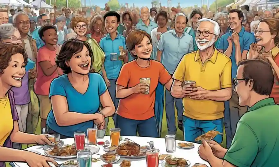 Un evento comunitario con personas de diferentes edades que se unen a actividades compartidas.