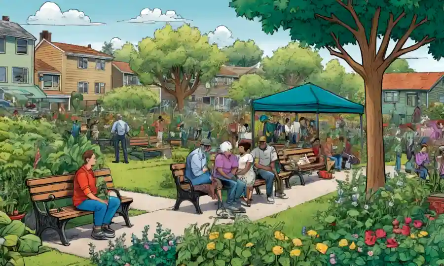 Gente reuniéndose alrededor de un jardín comunitario o banco de parques rodeado de plantas prósperas.