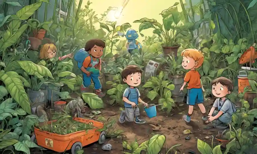 Niños rodeados de plantas y objetos ecológicos reductores de residuos, destacando la relación simbiótica.