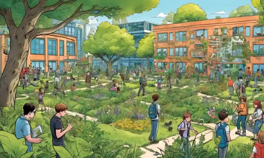 Un espacio verde con organismos interconectados rodeados de curiosos estudiantes.