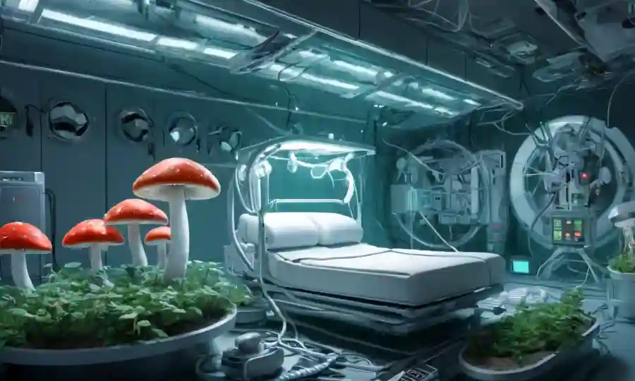 Un hongo creciendo en medio del equipo médico y el fondo tecnológico futurista.