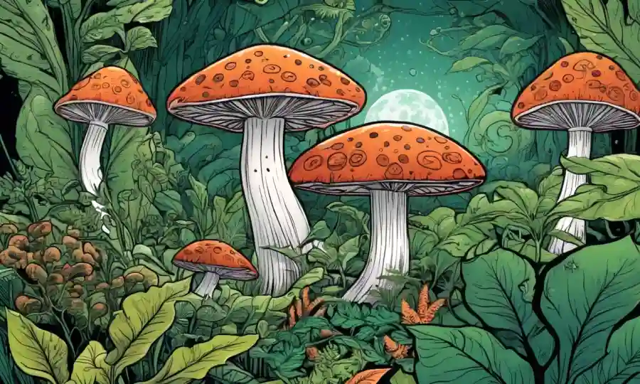 Ilustración de hongos que crecen dentro de hojas de plantas, rodeado de símbolos de ciclo ecológico.