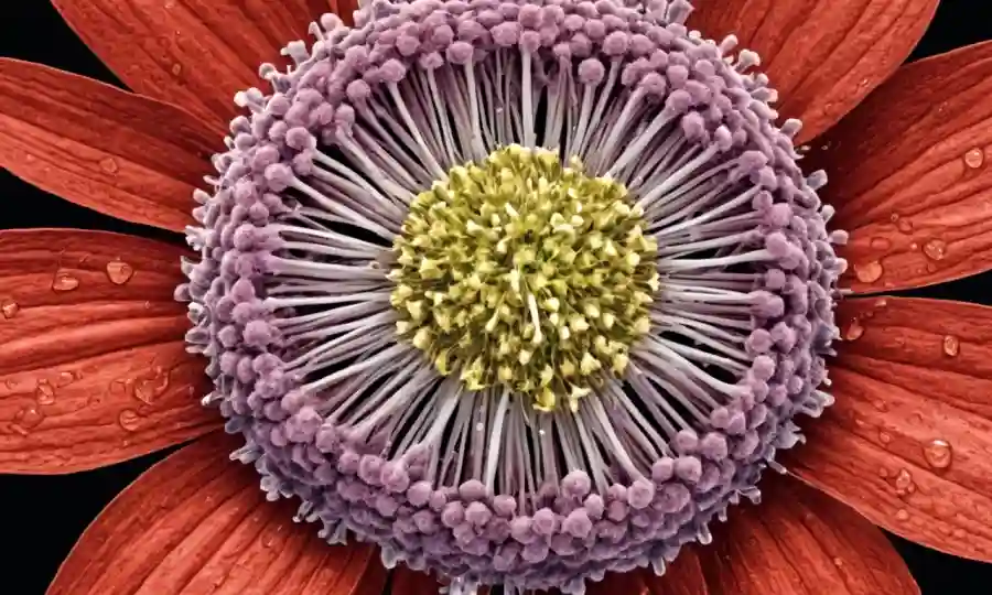 Un acercamiento de una flor con pequeños organismos endofiticos creciendo dentro de ella.