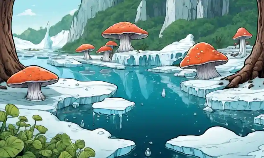 Ilustraciones de hongos creciendo en plantas rodeadas de vegetación y derretir icebergs.