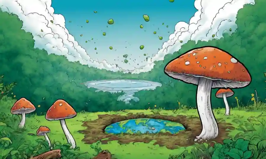Una ilustración que representa a hongos derribando contaminantes en el medio ambiente con un fondo verde de tierra.