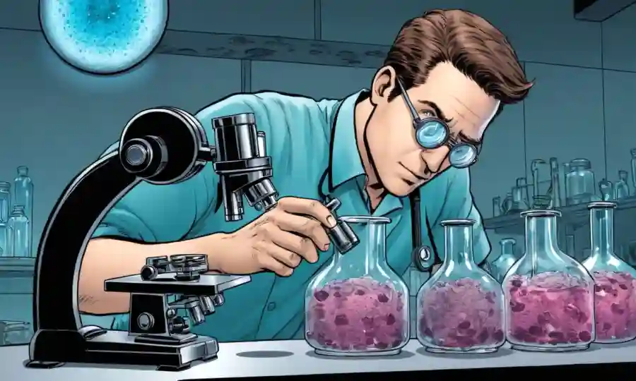 Micróscopo de la persona en el crecimiento de hongos de platillo petri en un entorno de laboratorio.
