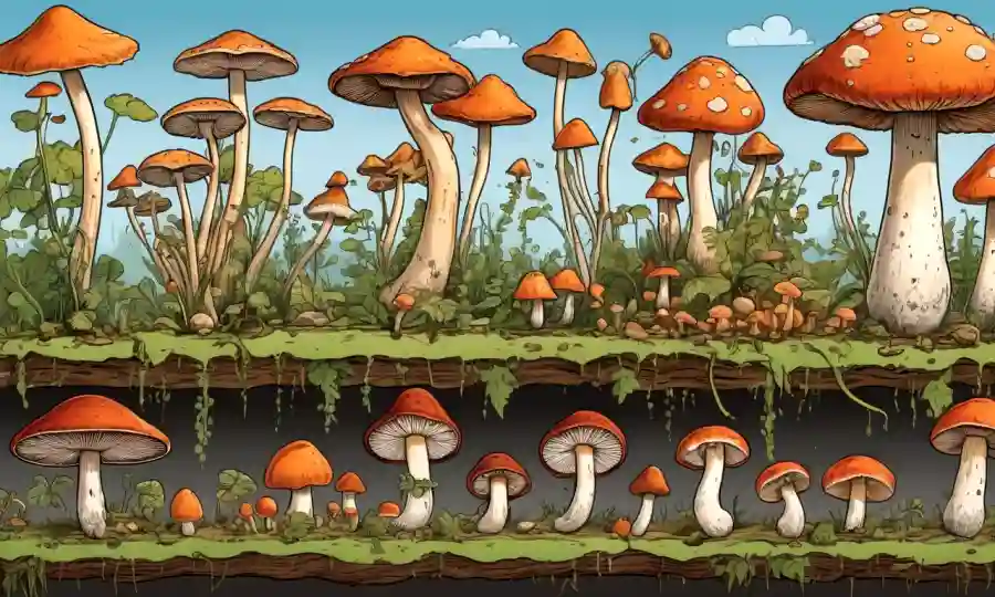 Imágenes que ilustran las etapas del ciclo de vida de varios hongos creciendo en una superficie.