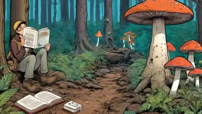 Una persona arrodillada en un bosque