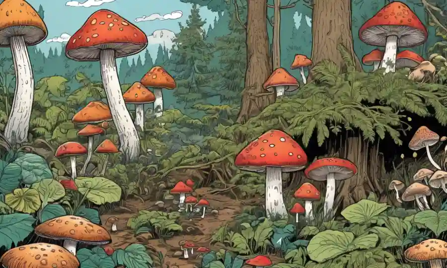 Varios hongos creciendo en el bosque, rodeados de ilustraciones de sus beneficios medicinales.