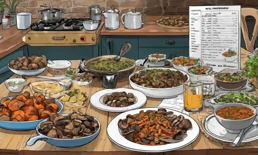 Setas silvestres y platos culinarios sobre una mesa, con gráficos nutricionales en el fondo.