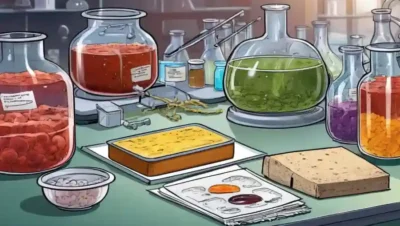 Equipo científico y muestras de productos fermentados en una mesa de laboratorio.