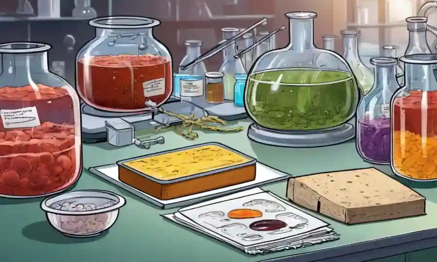 Equipo científico y muestras de productos fermentados en una mesa de laboratorio.