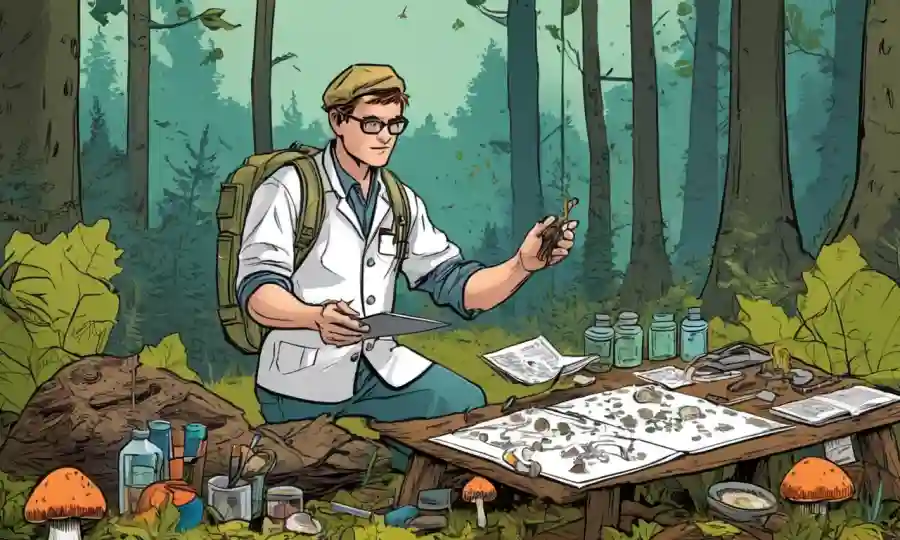 Científico recolectando muestras de hongos en un bosque, rodeado de herramientas y notas para el análisis de datos.