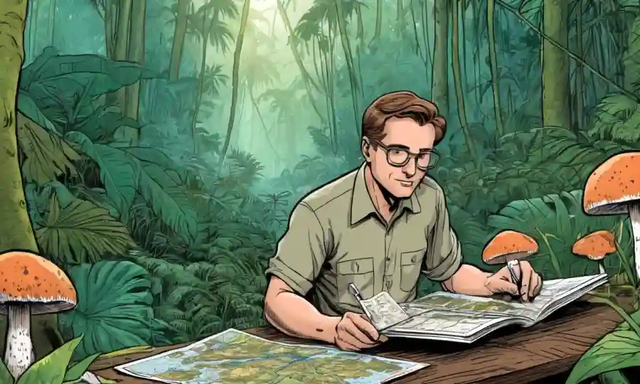 Investigadora estudiando especies de hongos en un bosque tropical con mapas en el fondo.