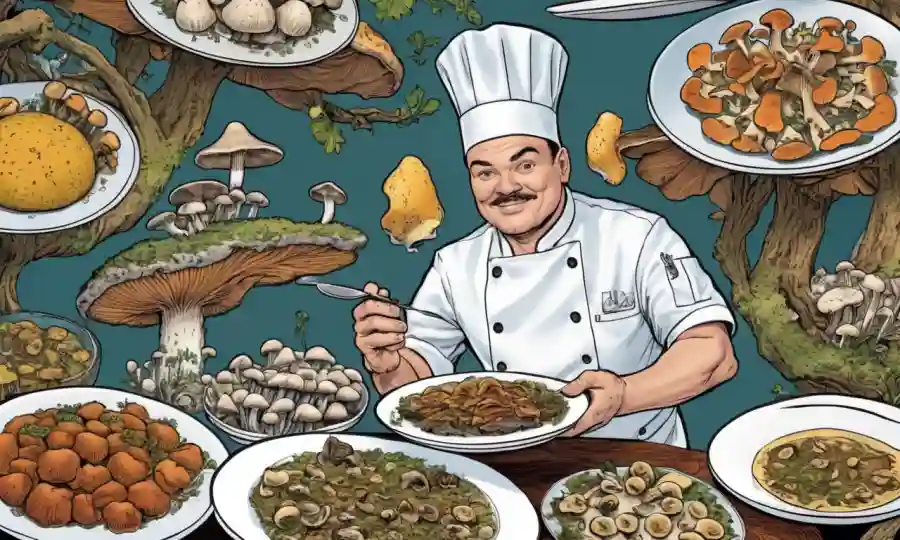 Un chef con un plato de platos con hongos junto con fotografías de varios hongos.