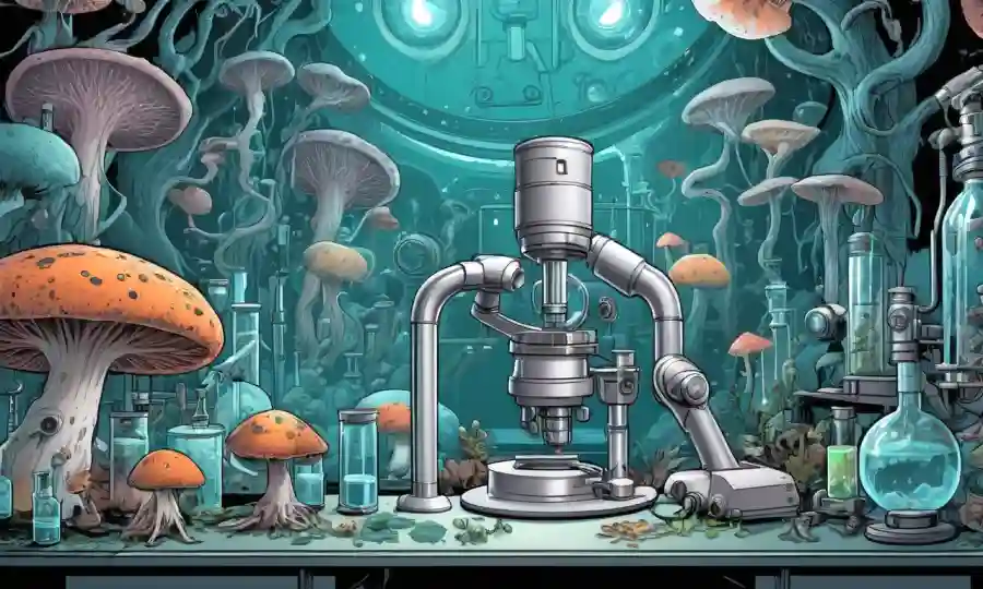 Una escena futurista de laboratorio con microscopios y tubos de ensayo rodeados de ilustraciones de hongos.