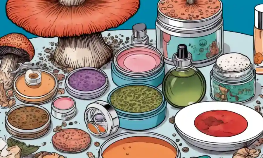 Cerrar extractos de hongos que se aplican a la piel, rodeado de productos de la industria cosmética y ilustraciones de hongos.