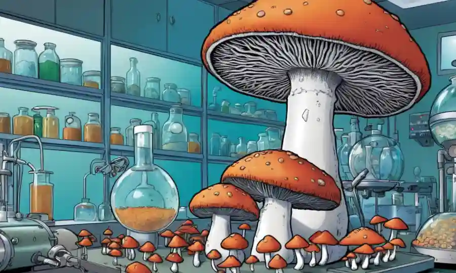 Setas y equipo farmacéutico en un entorno de laboratorio, destacando los avances de investigación.