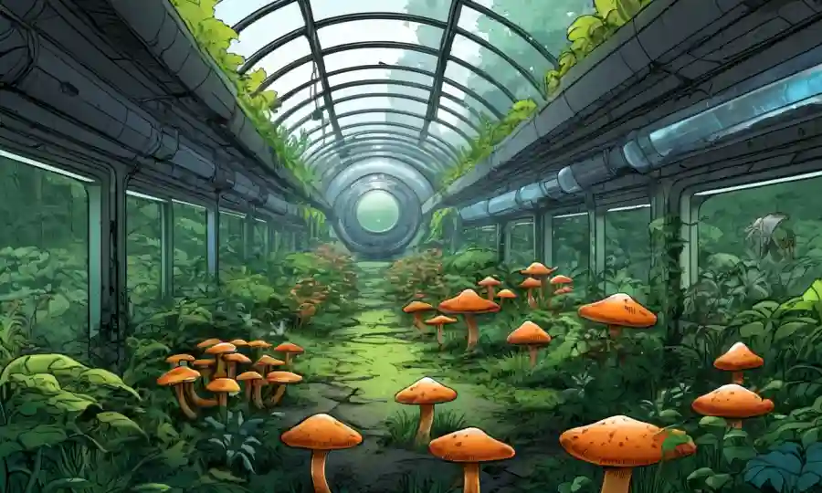 Un hongo biofactorial futurista de cosecha para industrias sostenibles, con vegetación exuberante en el fondo.