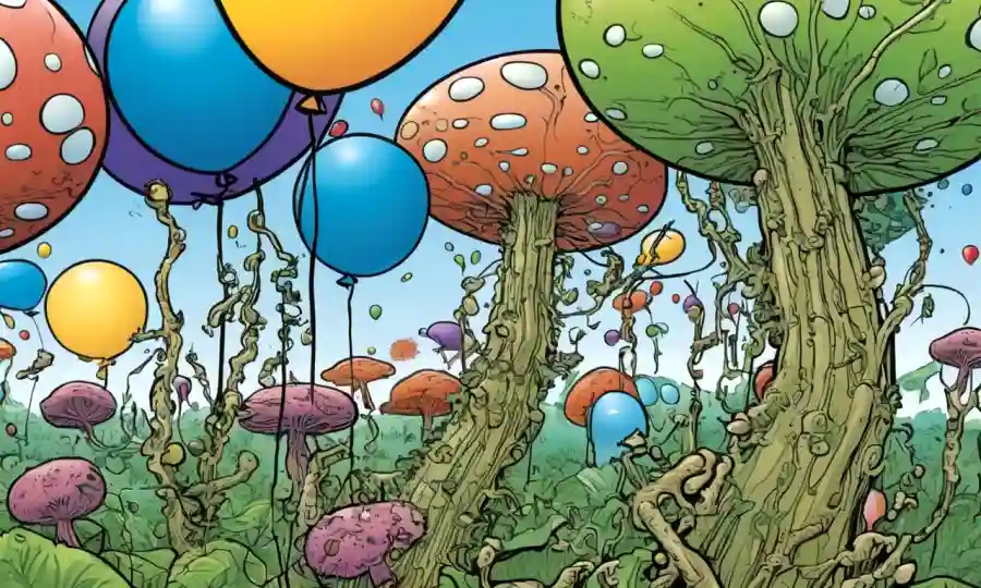 Una imagen microscópica de hongos (endofitos) interactuando con células vegetales en un fondo de globos de celebración.