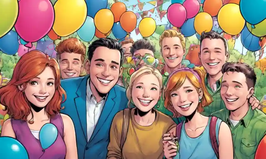 Un grupo de personas sonriendo juntos en medio de coloridas decoraciones y globos endofitos.