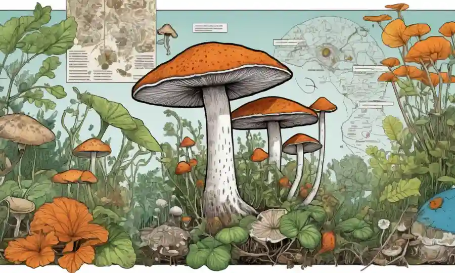 Una imagen microscópica de hongos beneficiosos cohabitando con plantas, rodeado de gráficos y mapas.