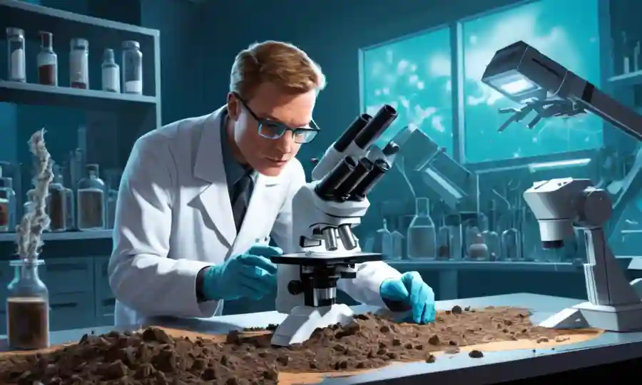 Científico examinando muestras de suelo con microscopio en un laboratorio futurista.