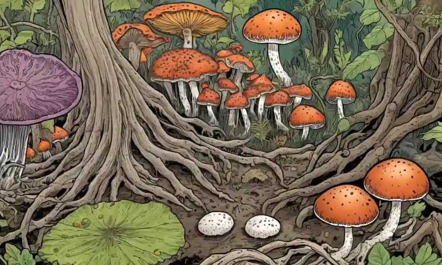 Imágenes microscópicas de hongos diversos coexistiendo entre raíces vegetales en diversos ecosistemas.