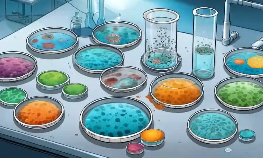 Microorganismos creciendo en platos petri con colonias fúngicas y equipos de laboratorio.