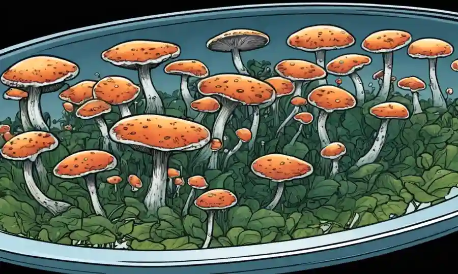 Fungi creciendo sin oxígeno en un plato Petri o en un laboratorio.