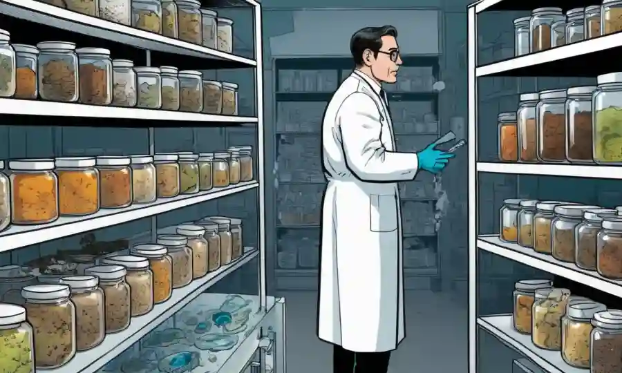 Un científico que examina hongos conservados en un gabinete de laboratorio con estantes y cajones.