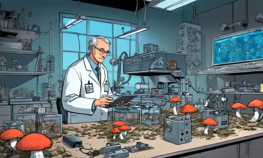 Científico que estudia setas raras en un laboratorio, rodeado de tecnología y equipos de conservación.