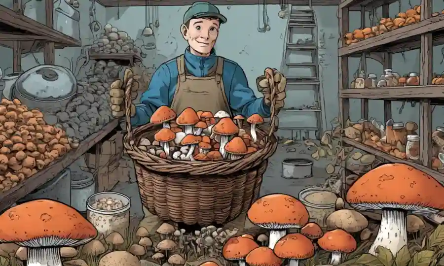 Persona con guantes que sostiene una canasta llena de diversos tipos de hongos, entre el equipo de cultivo de hongos y los frascos de hongos preservados.