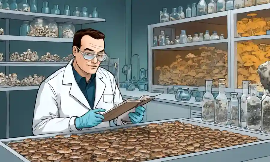 Científicos que estudian hongos en un laboratorio con especímenes hongos preservados.