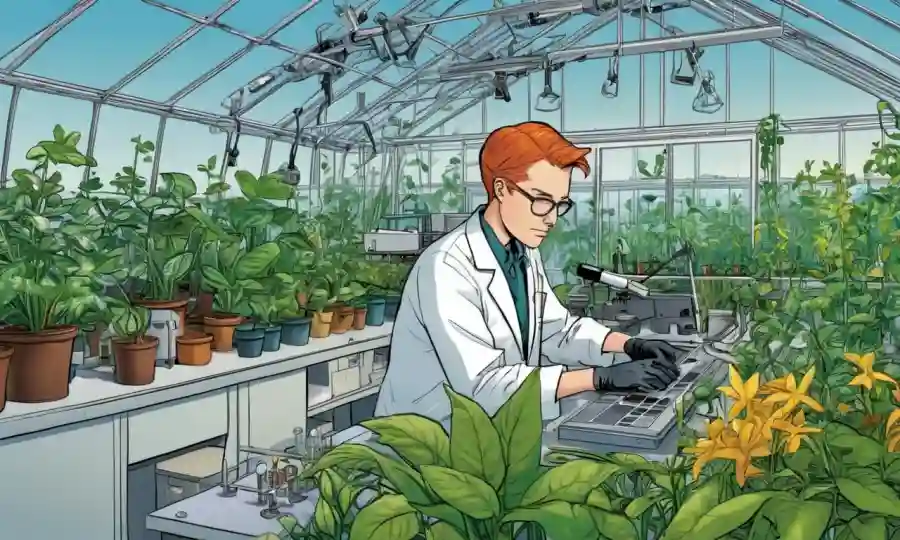 Científico que trabaja en un ambiente controlado invernadero, rodeado de vida vegetal y equipo de laboratorio.